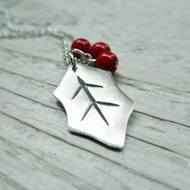 Holly Leaf Necklace - PMC Metal Clay, Sterling Silver, Red Coral Beads, Holiday, Christmas, Deck the Halls - BeadinByTheSea
