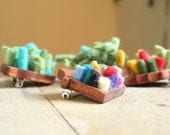 A Colorful Home Pin - Felt Jewelry - Wooly Fiber Brooch in Crayola Colors on Mahogany Wood Base