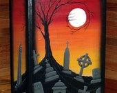 Lg. 13"X9"X3-1/2" Hand Painted Halloween Graveyard Scene Book Keepsake Box
