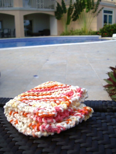 Caribbean Memories Dishcloth Facecloth or Washcloth handknit in Punta Cana Orange Pink and Yellow of Frosty Drinks