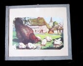 SALE Vintage Antique Country French Hen & Chicks.  Farm Scene