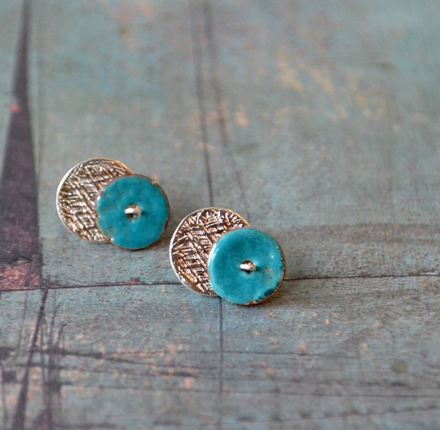 Round and round - sterling silver textured discs with turquoise enameled copper discs