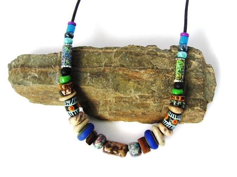 Natural Bead Necklace Wood Stone Glass Ceramic Beads Eco Friendly Wooden Jewelry by Hendywood