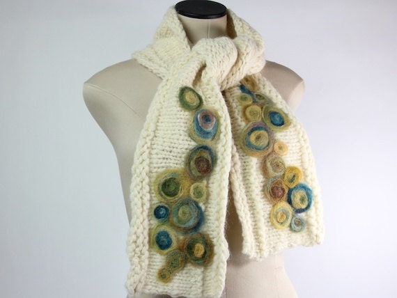 Scarf - Hand Knit - Hand Dyed Roving - Needle Felted