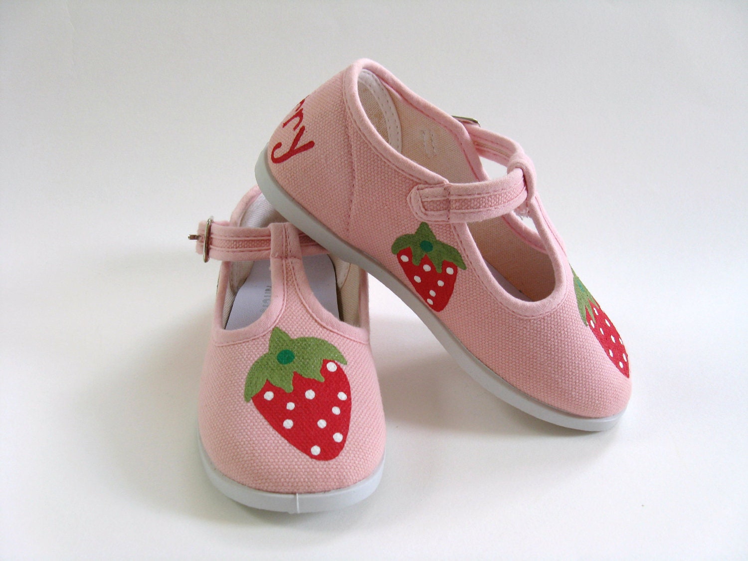 Girls Strawberry Shoes, Baby and Toddler, Hand Painted, Pink Canvas T- Strap