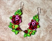 Blood Red Vintage Tattoo Rose Dangle Earrings With Leaves Vine Large Unique