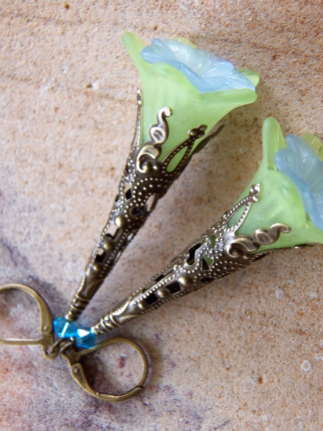 LIMe Green and Aqua Frosted Trumpet Matt Lily Earrings, Lucite Floral Earrings,Gifts for Her for Under 15.