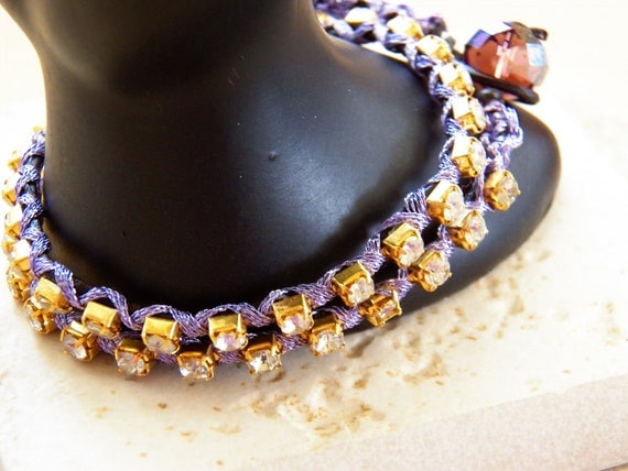 Double Wrap  Rhinestone and Leather Bracelet Wraped with Metallic Lavender cords, Gift for Under 30