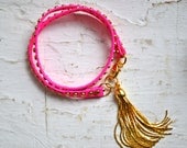 studded pink neon genuine leather & gold double wrap bracelet with gold tassel
