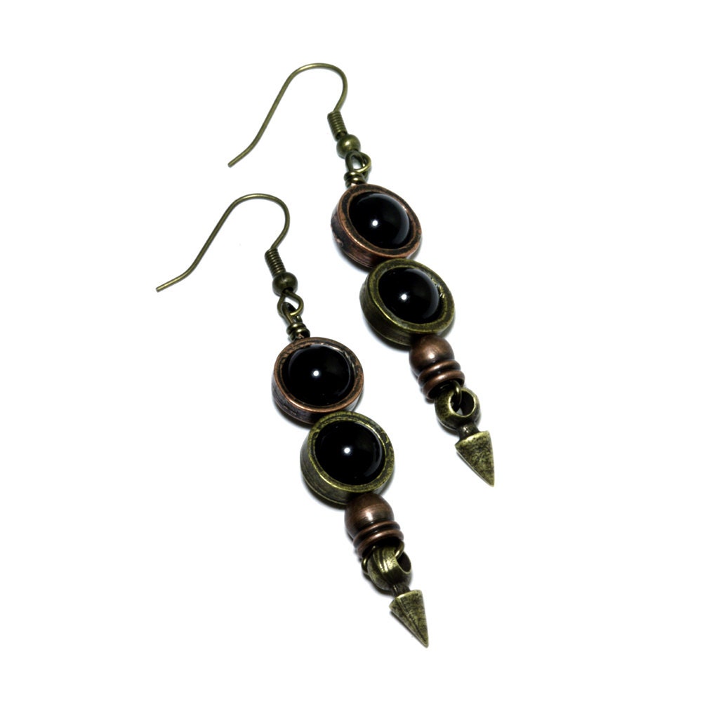Steampunk Earrings - Antique Copper Brass and Black Onyx