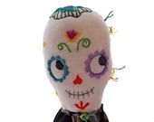 Halloween Day of the dead sugar skull skeleton doll embroidered linen Dia de los muertos cloth doll