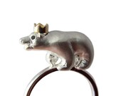 Polar Bear Ring. Silver, Black Diamond Eyes and Gold Crown. Handmade.