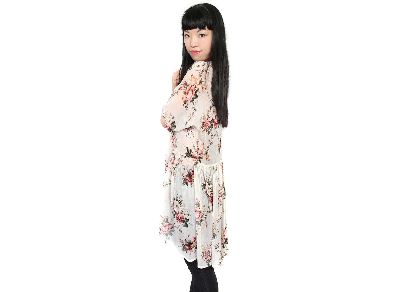 Vintage sheer cream floral tunic Small / Medium