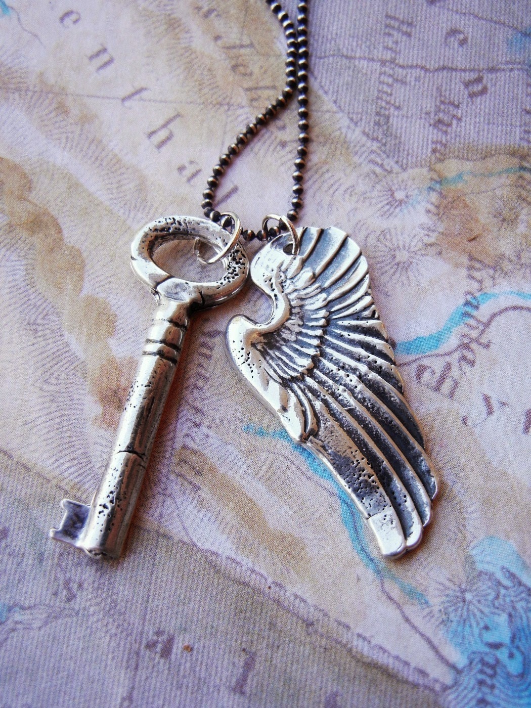 Guardian Angel Wing and Key Necklace, Sterling Silver and Recycled Fine Silver Pendant, Eco Friendly Gift, Wing Jewelry