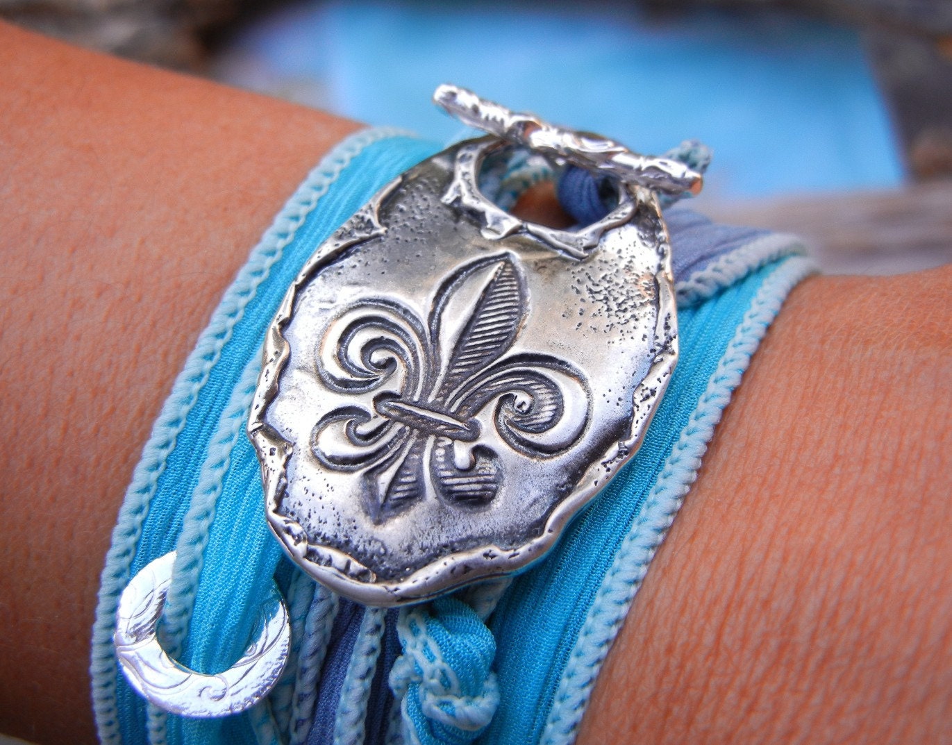 Rustic Jewelry Gift, STERLING Silver Bracelet, Fleur de Lis Art, Silk Ribbon Adjustable Wrap Bracelet, Hand Stamped Sterling Silver Toggle