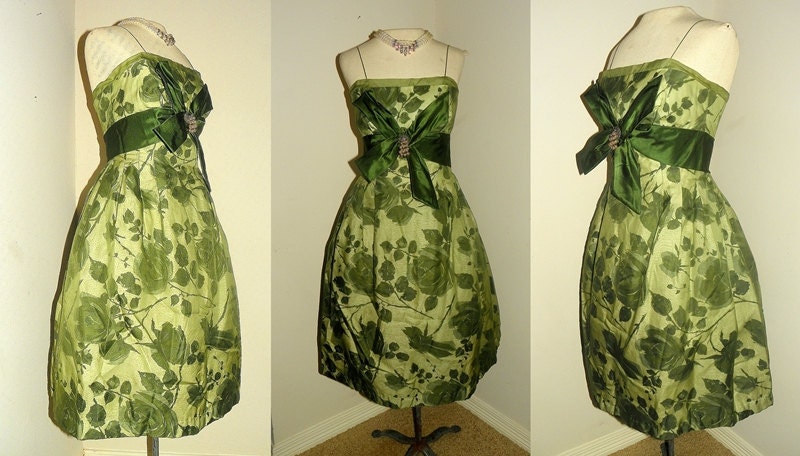 1950's Green ROSE Print Sik Organza Cocktail Dress Vintage 50's Bombshell Garden Roses Satin Bow Couture Illusion Elegant Vixen Party Dress