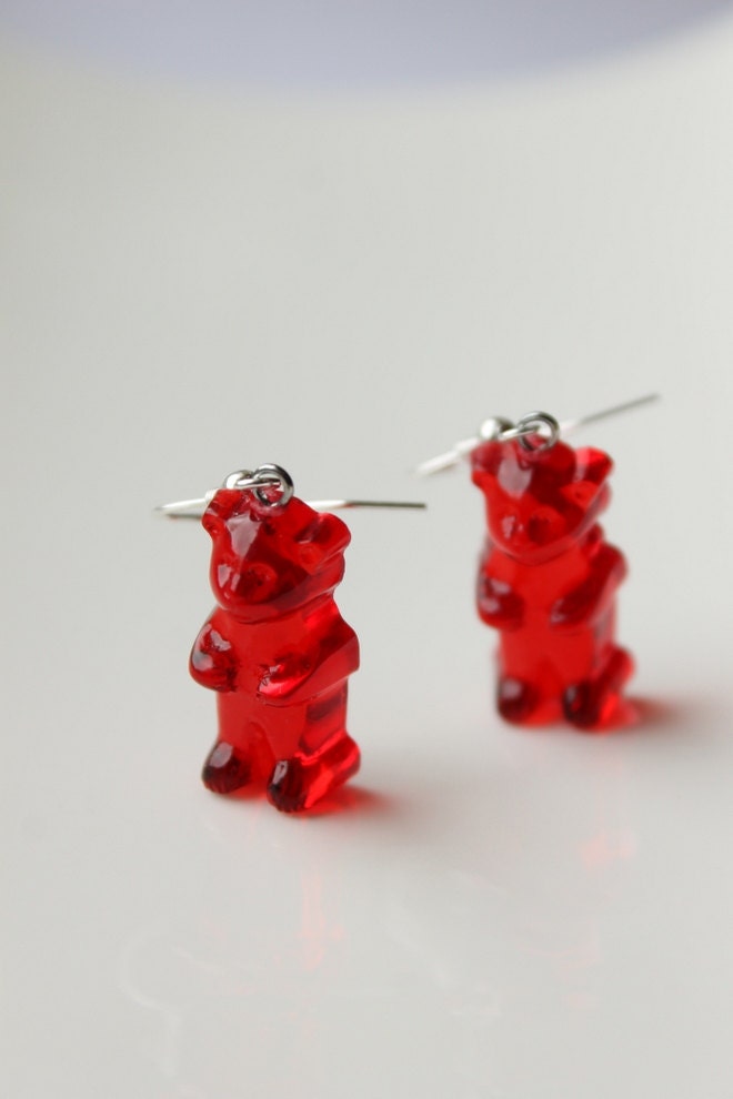 Gummi Bear Earrings, Red Bear, Candy Bear, Silver Plated, Christmas, Teen