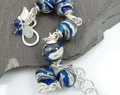 Blue and Cream Artisan Lampwork Glass and Sterling Silver Bracelet -Blue Planet
