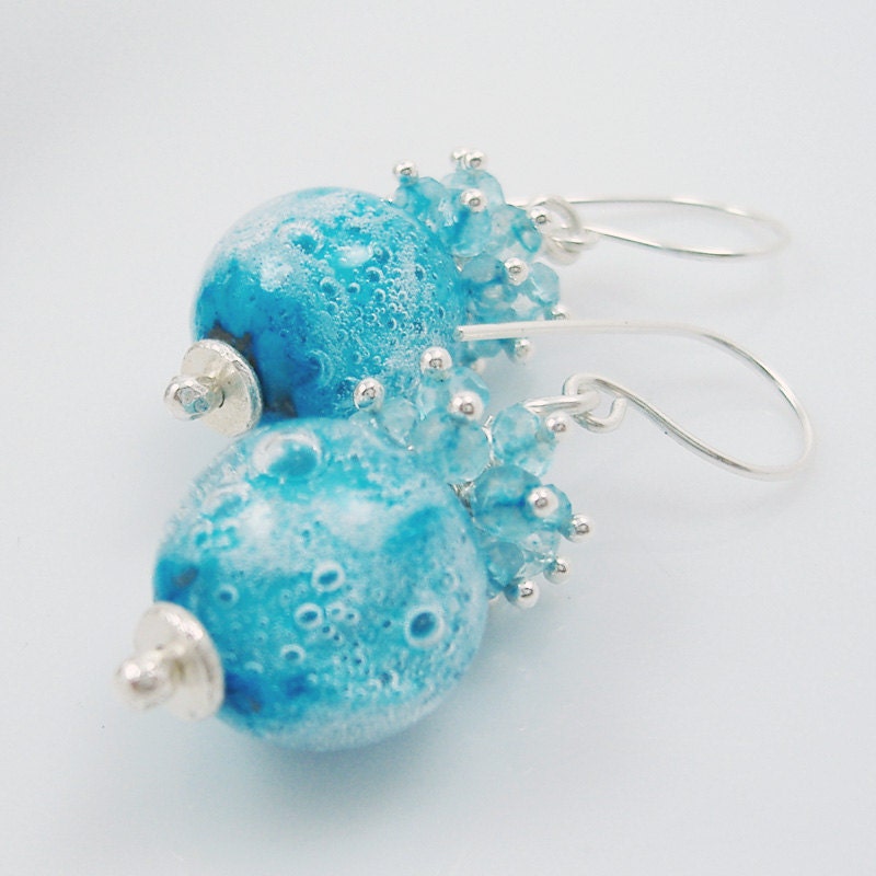Blue Bubble Lampwork Glass Beads, Blue Topaz and Silver Earrings