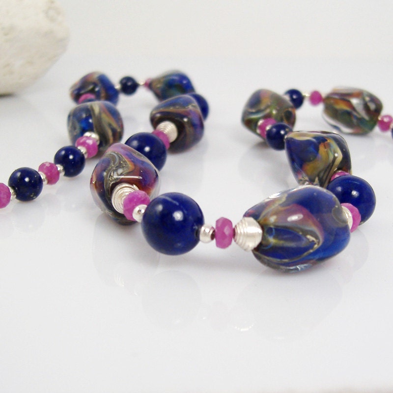 Blue Lampwork, Pink Sapphire, Lapis Lazuli and Silver Necklace, Blue Pink Lampwork Bead and Gemstone Necklace,