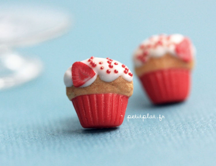 Cupcake Studs / Post Earrings - Strawberry Love - Cupcake Collection