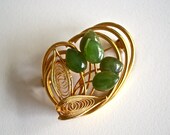 Jade Flower and Goldtone Filigree Brooch