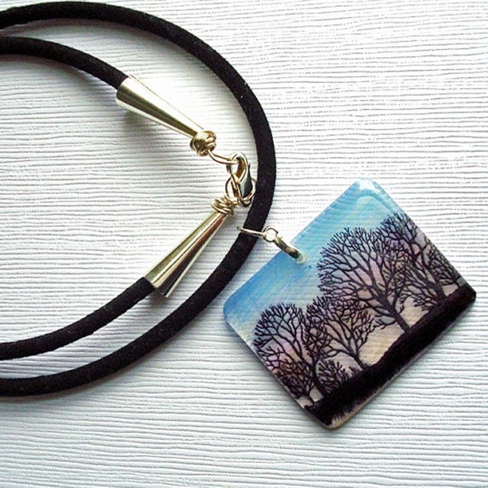 Tree necklace,  resin necklace, dusk , end of day  , sunset , resin necklace , gifts under 30