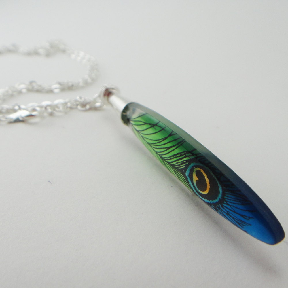 Strut necklace, Peacock feather necklace, resin necklace, blue, green, yellow , modern , gifts under 30