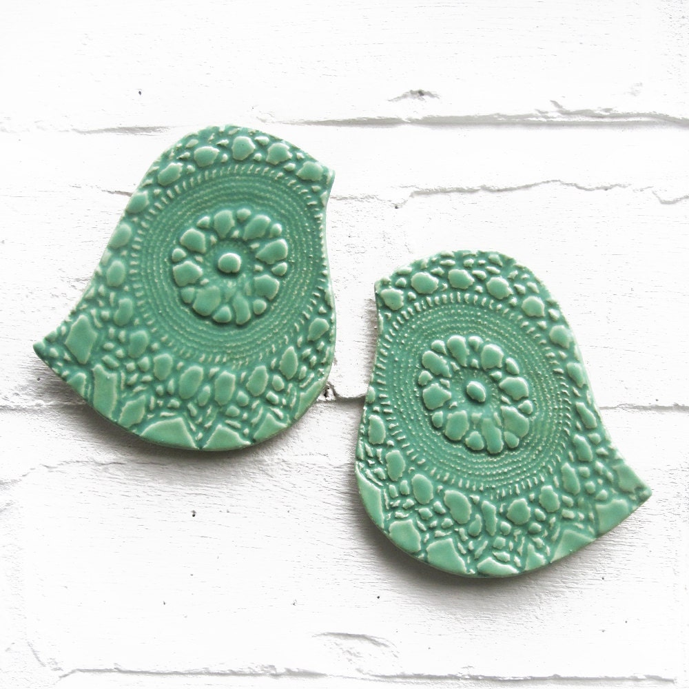 Wall art Birds of a feather Seafoam turquoise stoneware ceramic art Lace texture set of 2 Home decor wall art Bathroom art Kitchen art