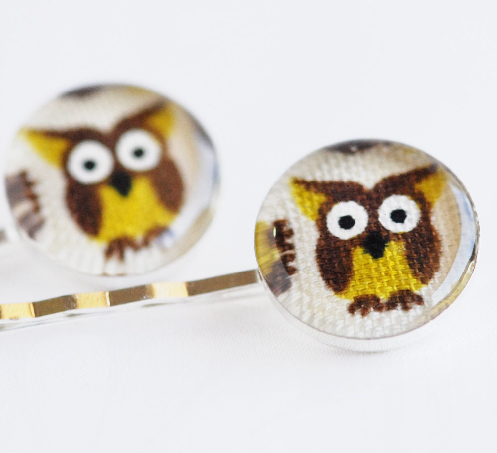 Retro Owl Fabric Resin Hairclips