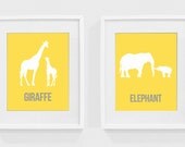 Nursery Art - Elephant and Giraffe yellow - 8 x 10 print - children's wall art, nursery decor, kids room, playroom, baby room