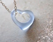 Floating Heart - Frosted Blue Glass Heart - Delicate Sterling Silver Necklace - organic freeform heart