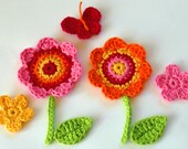 Crochet Flowers with leaves, butterfly and stem -  Crochet Garden Series