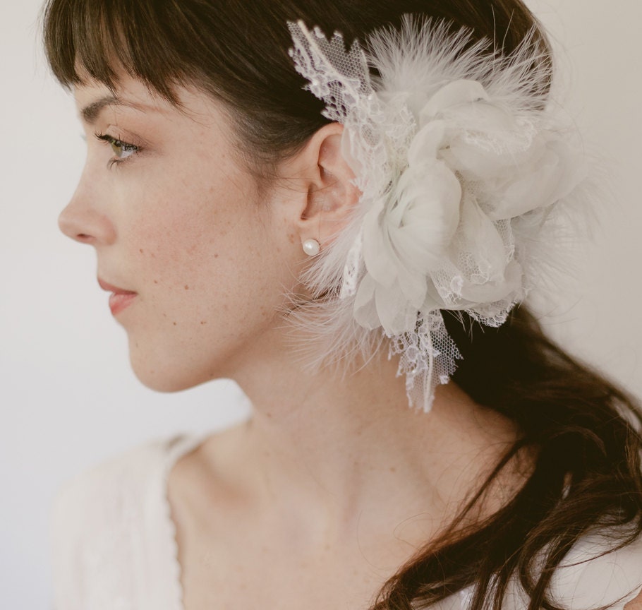 Bridal Silk Flower Fascinator - Hair Clip, Chantilly Lace, Feathers 790