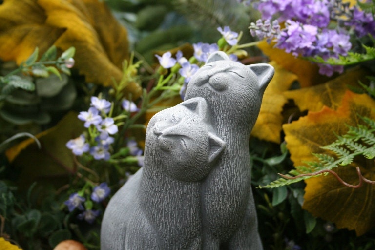 Cat Art - Outdoor Garden Decor - Concrete Cat Couple - Soaking Up the Sunshine