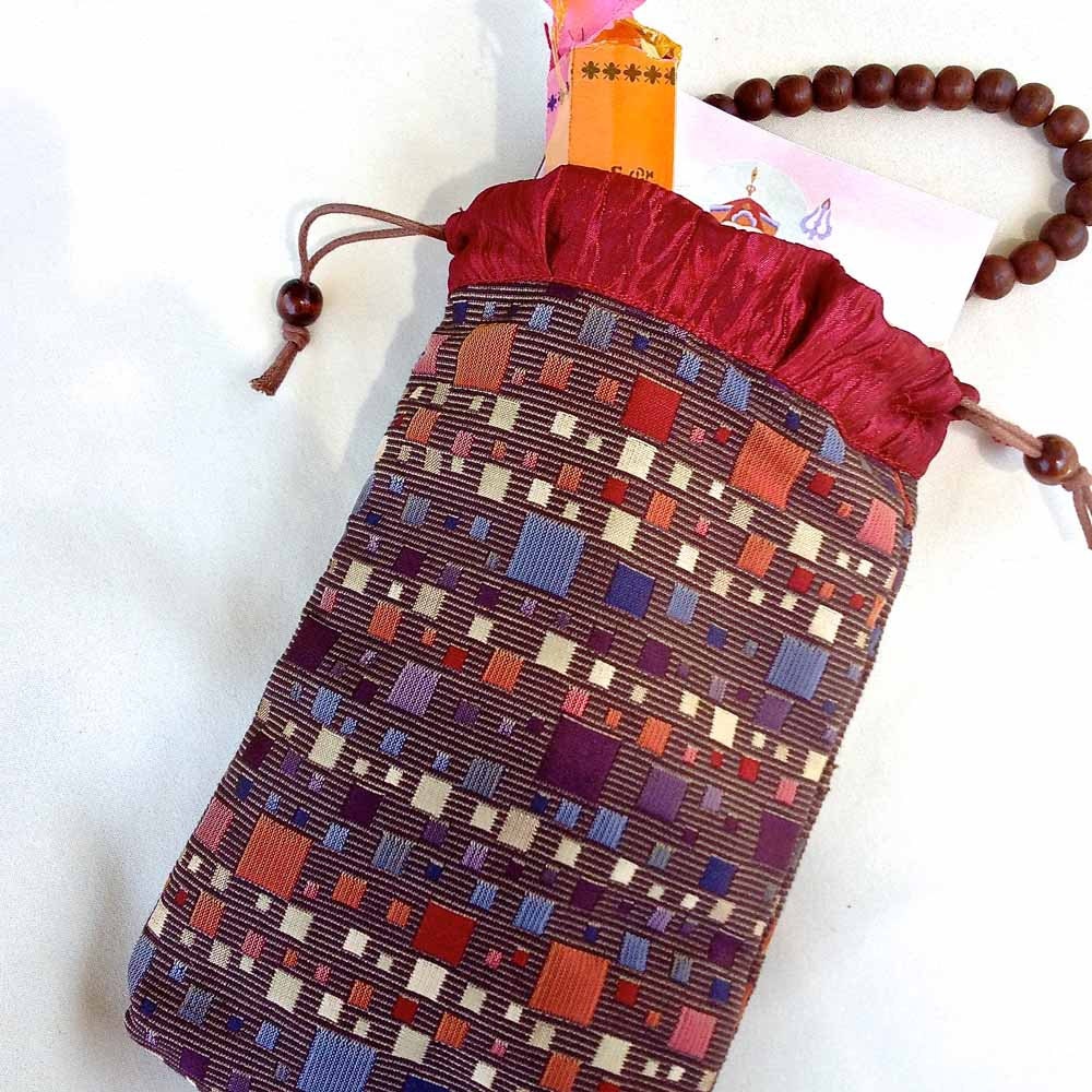 Large Checked Damask Mala Bag - Dharma Treasure Drawstring Pouch - Damask Jewelry & Gift Bag