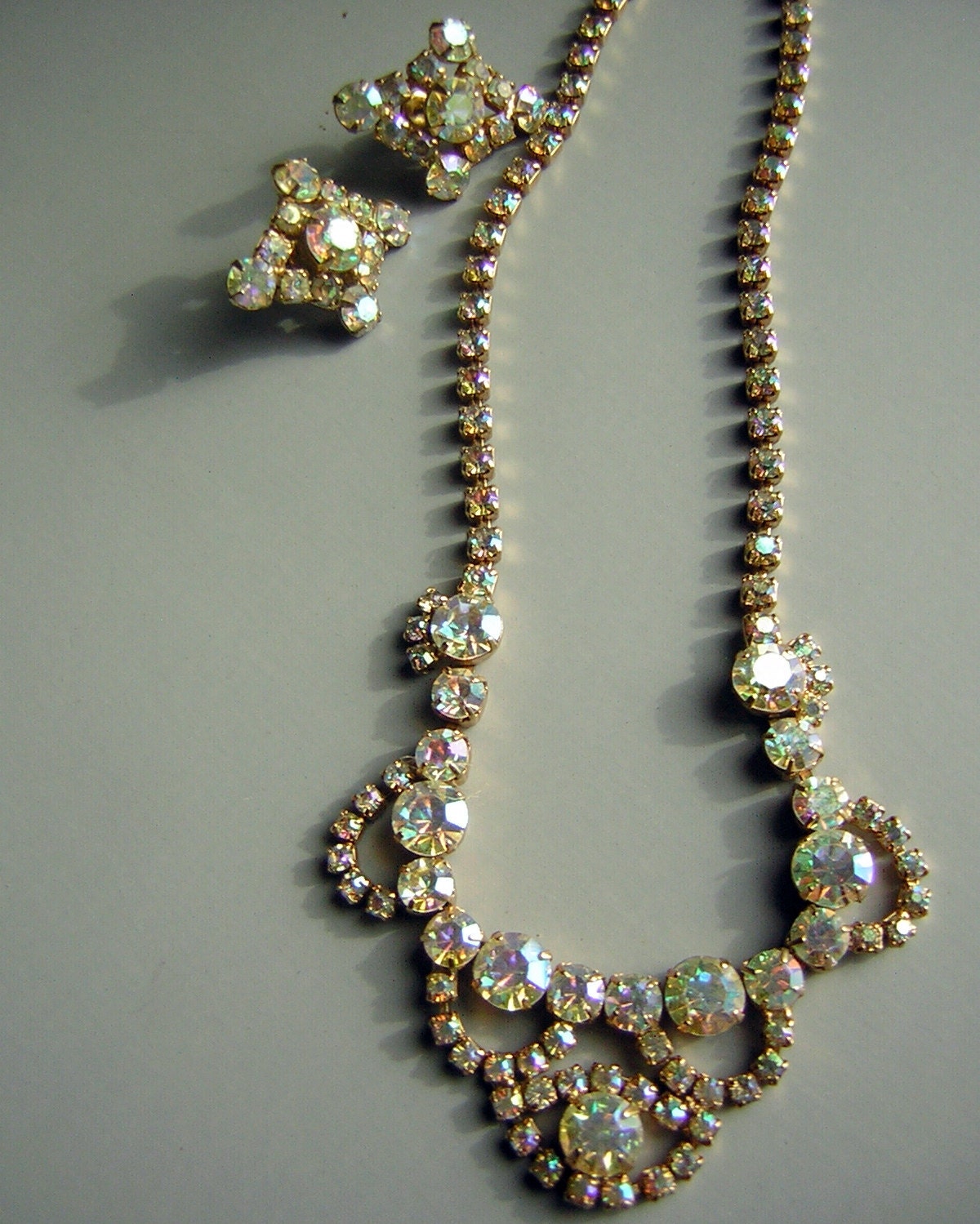 Vintage 50s AB Rhinestone Demi Parure - Earrings & Necklace - Large Lovely Juliana Cocktail Set