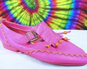 6 M vintage 80's hot pink leather Connie mary-jane fringe moccasin flats shoes