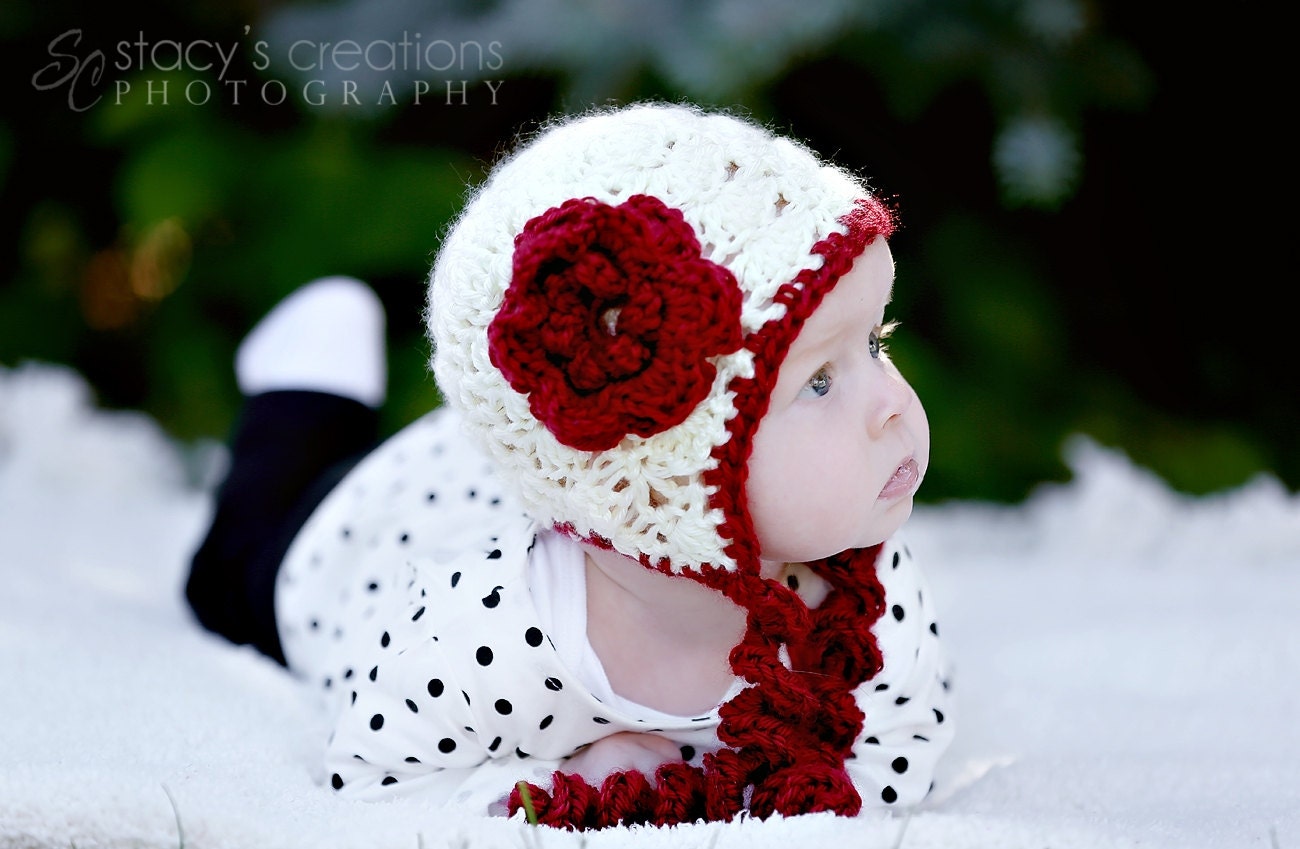 Crochet Baby Girl Hat, Crochet Baby Bonnet, Flower, Crochet Newborn Hat, Infant Bonnet, Valentine Hat, Baby Photo Prop, Scarlet, Cream