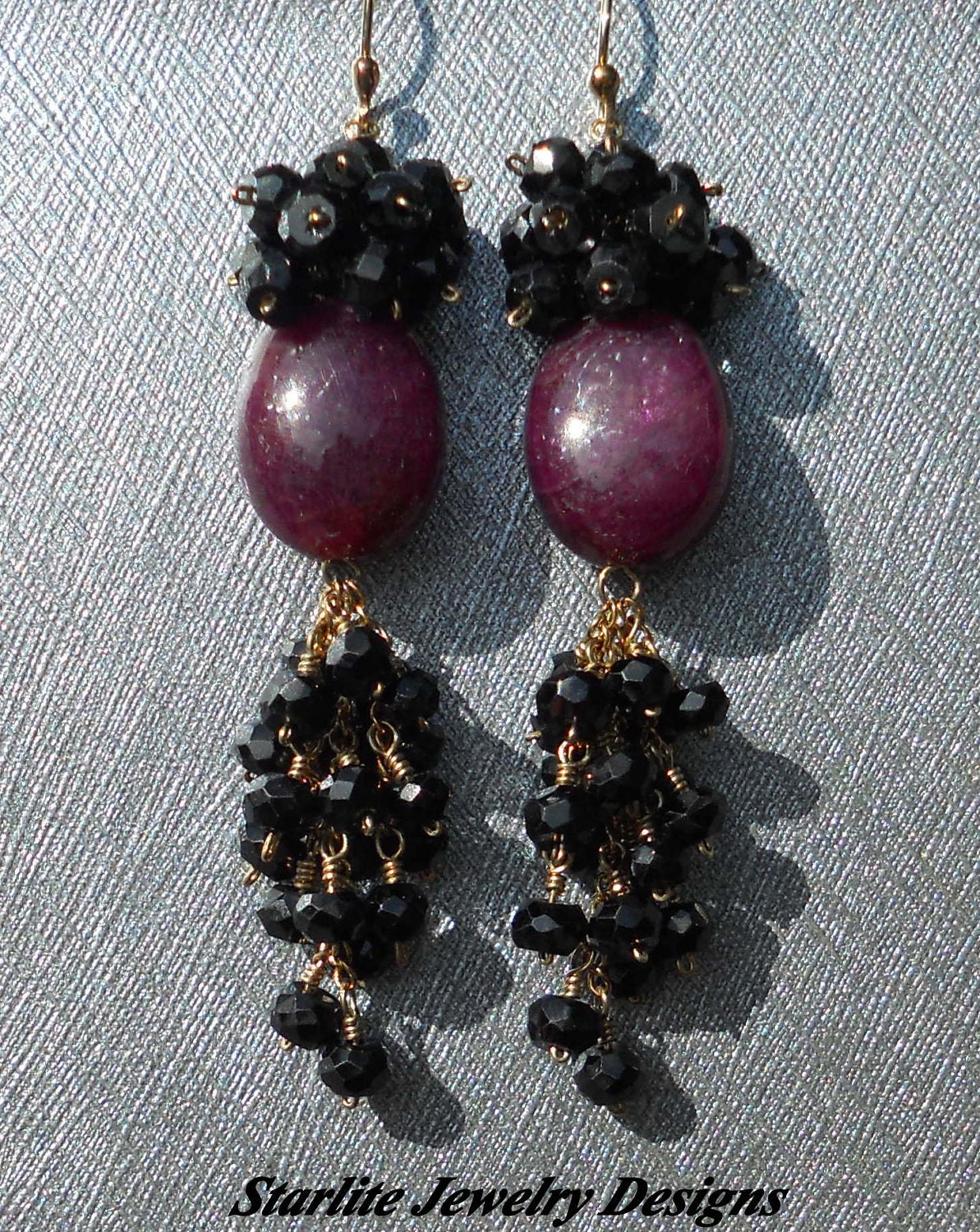 Ruby Cabochon Drop Earrings - Accented with Black Spinel