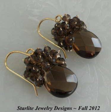 Smokey Quartz Briolette Cluster Drop Earrings