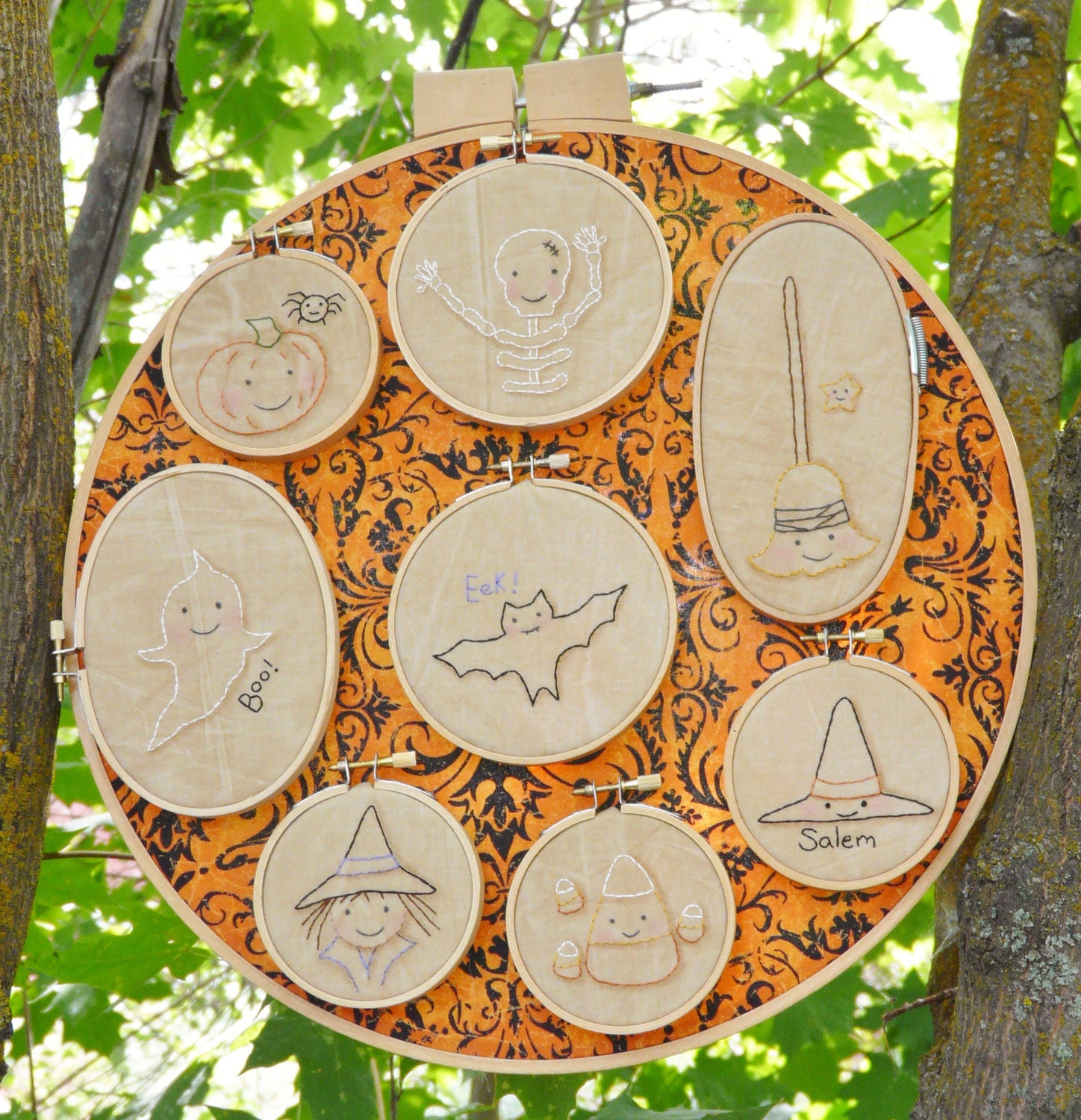mini Halloween hoop embroidery PDF Pattern - stitchery 20 designs pumpkin witch bat pumpkin monsters candy corn prim primitive