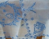 Vintage Sheer Blue and White Linens Elephants and Hearts Embroidery