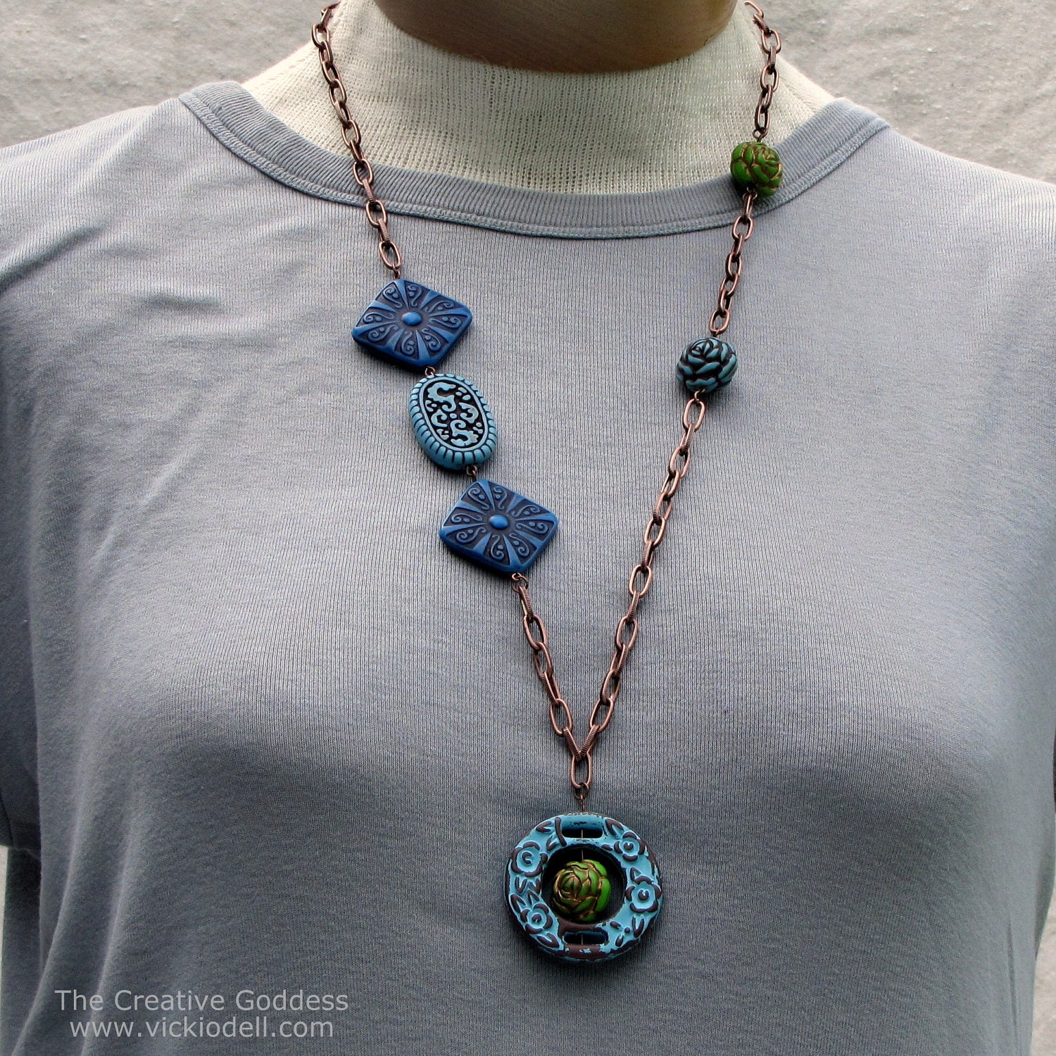 Long Boho Chic Necklace in Blues and Greens