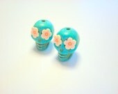 Cherry Blossom Eyes in Small Turquoise Day of The Dead Sugar Skull Beads-12mm