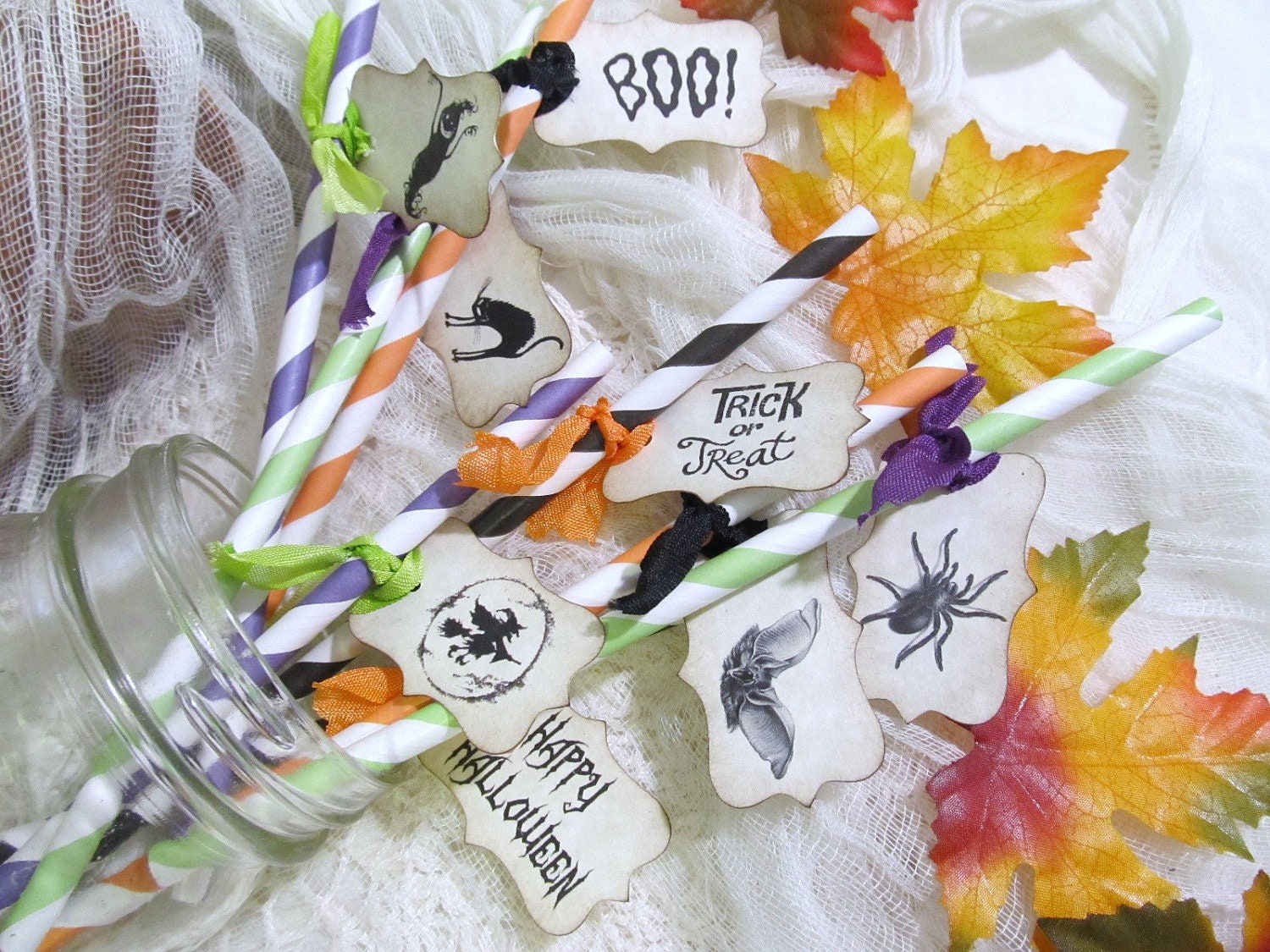 Halloween Paper Party Straws with Spooky Mix Tags - Set of 18 - Choice of Straw & Ribbons
