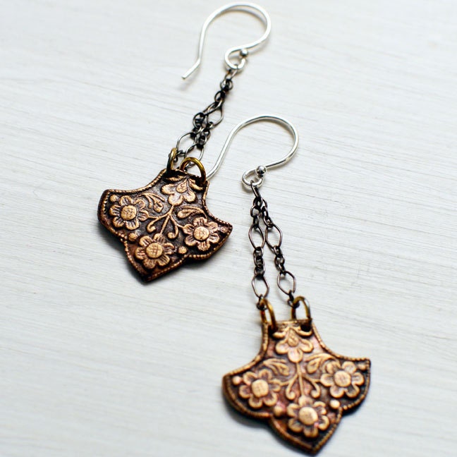 Handmade Renaissance Flower Swing Earrings in Bronze and Silver