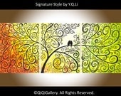 48" Abstract Landscape Painting Original Handmade Tree Acrylic Birds Wall Décor "Love and Romance III" by qiqigallery