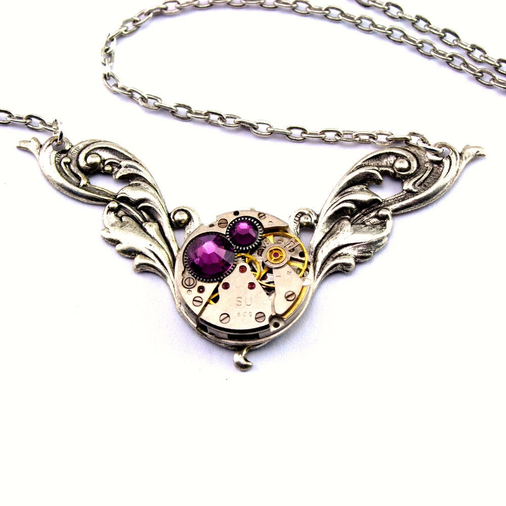 Steampunk Necklace - Gorgeous Vintage Clockwork Design with Purple Amethyst Swarovski Crystals PROMPTLY SHIPPED - Steampunk Jewelry