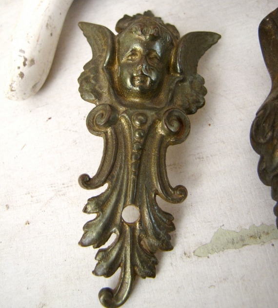 Antique Angel Victorian decorative Brass Bronze Escutcheon Authentic antique hardware for altered vintage jewelry